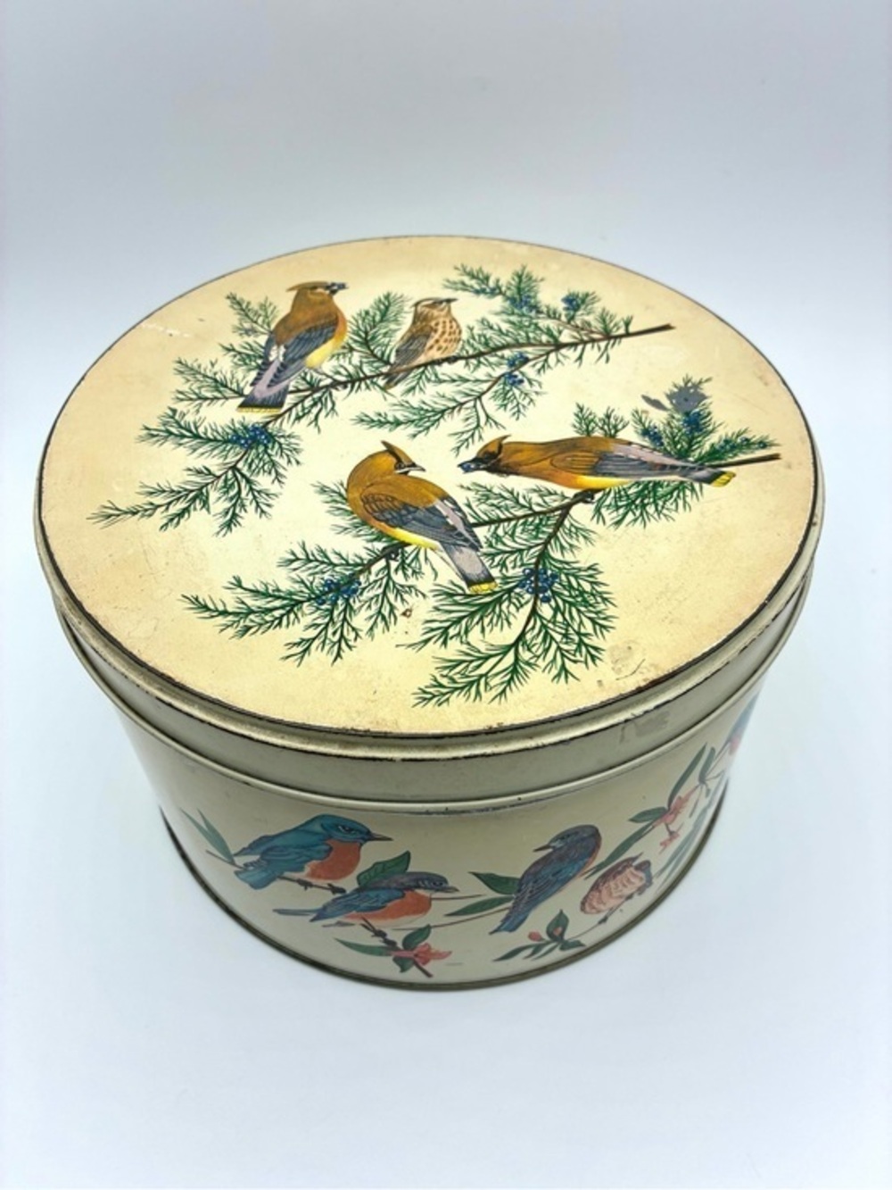 Vintage Tom Sturgis Bird Tin Round Metal Storage Box Cottagecore